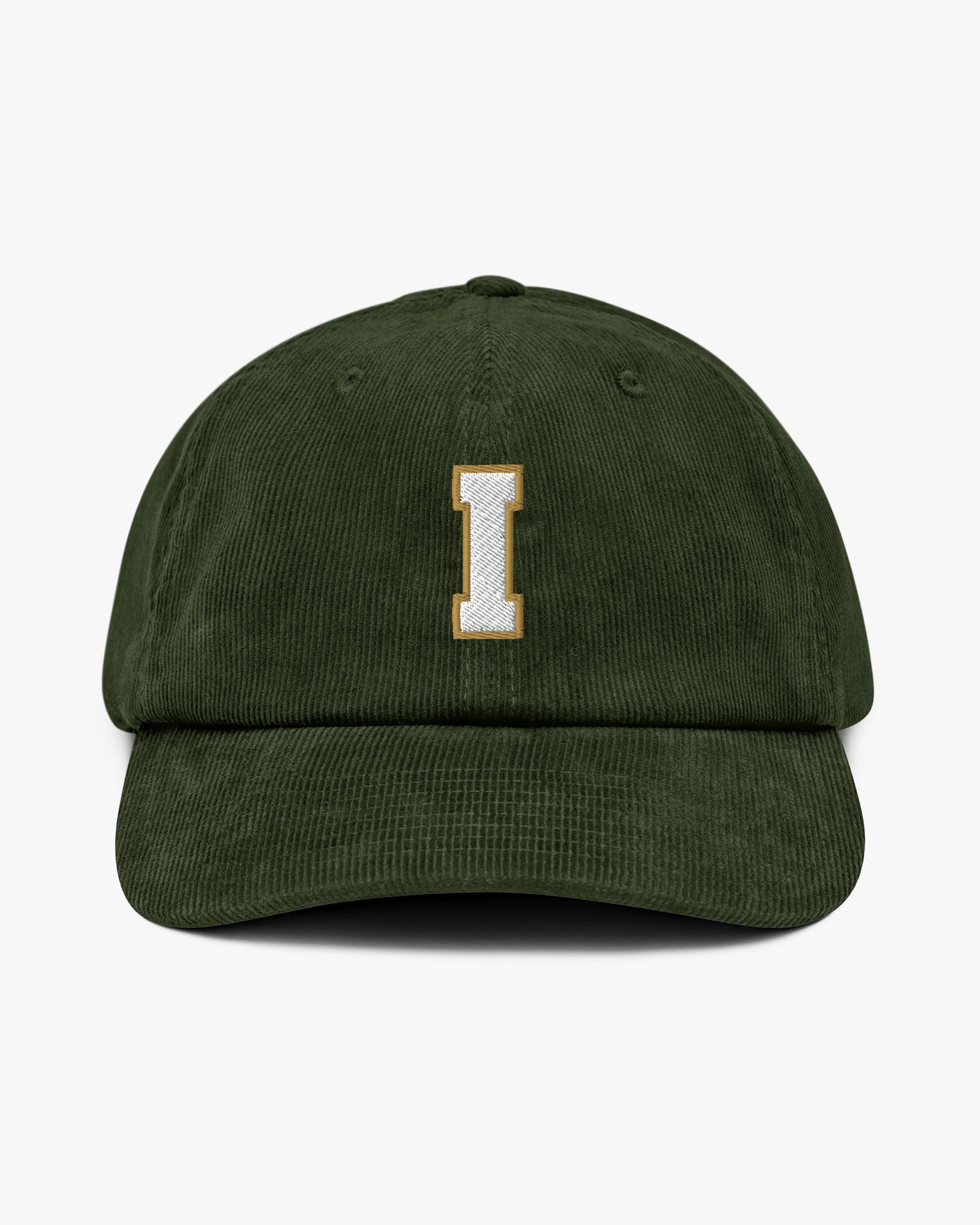 Baron and Buck varsity monogram corduroy hat in Dark Olive, front view, featuring embroidered initial and classic baseball cap silhouette