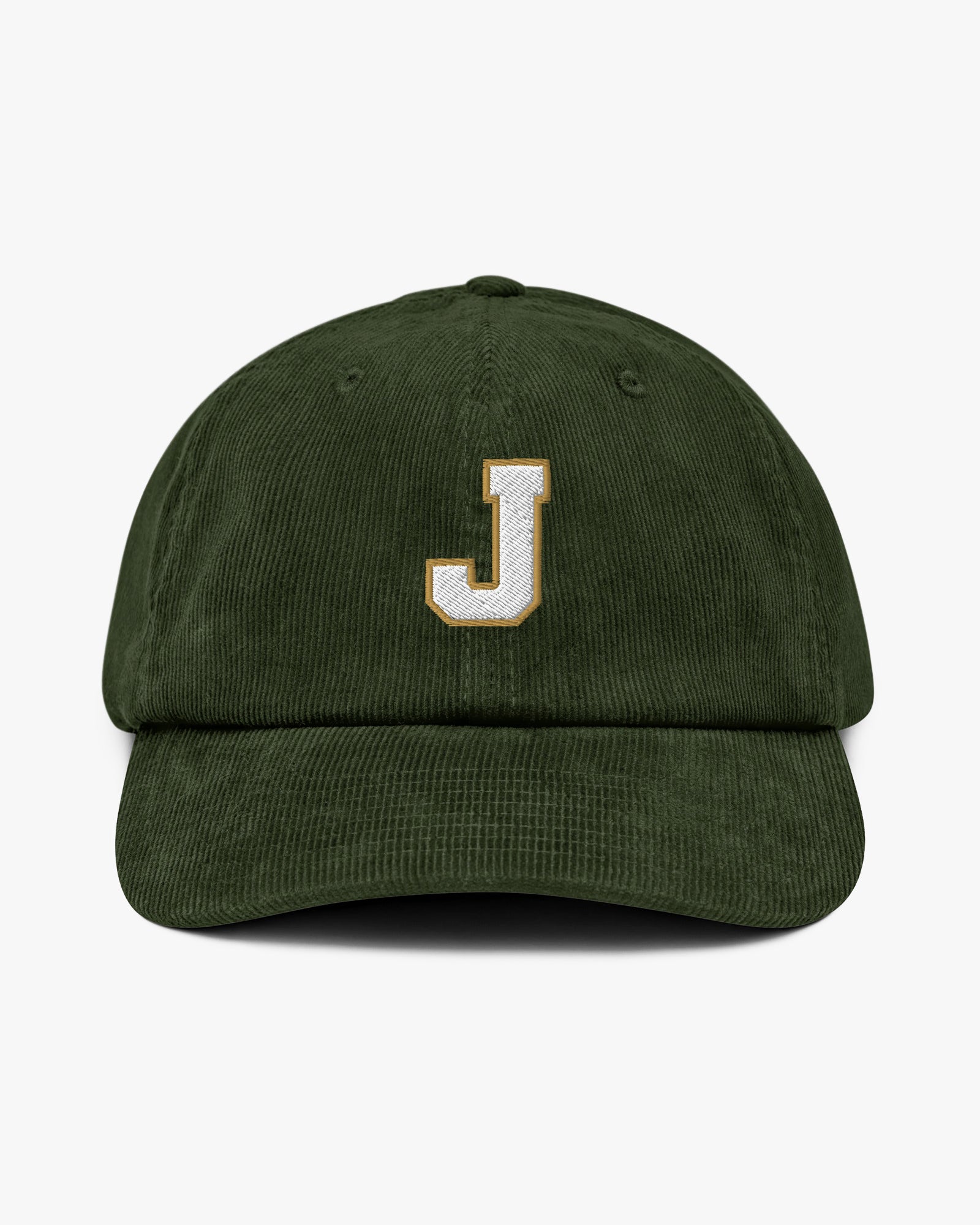 Baron and Buck varsity monogram corduroy hat in Dark Olive, front view, featuring embroidered initial and classic baseball cap silhouette