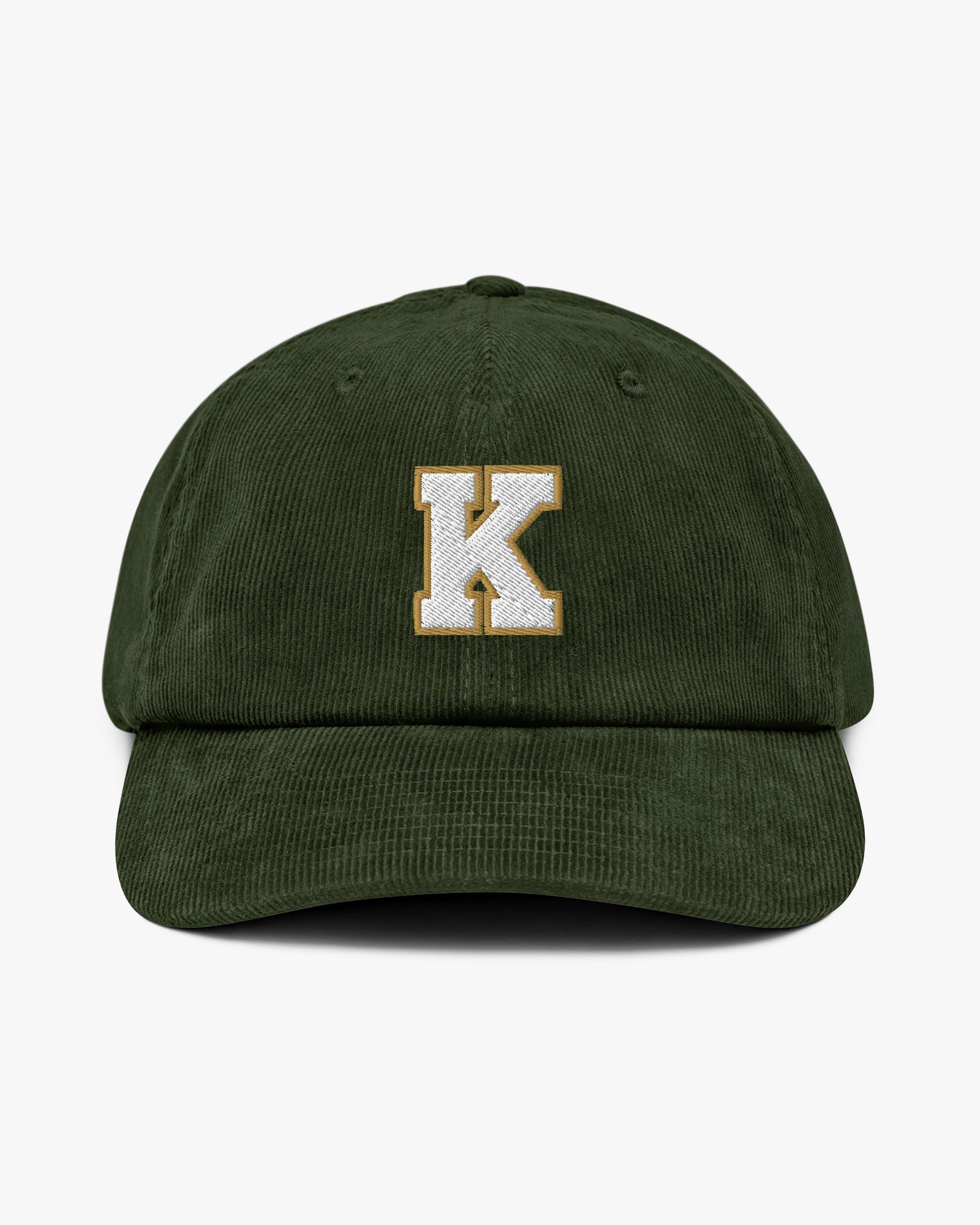 Baron and Buck varsity monogram corduroy hat in Dark Olive, front view, featuring embroidered initial and classic baseball cap silhouette