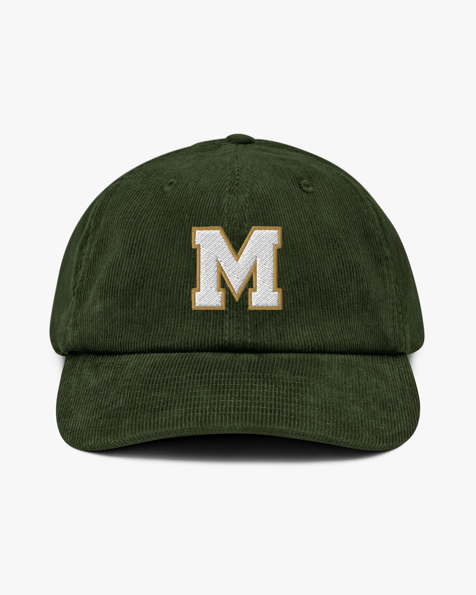 Baron and Buck varsity monogram corduroy hat in Dark Olive, front view, featuring embroidered initial and classic baseball cap silhouette