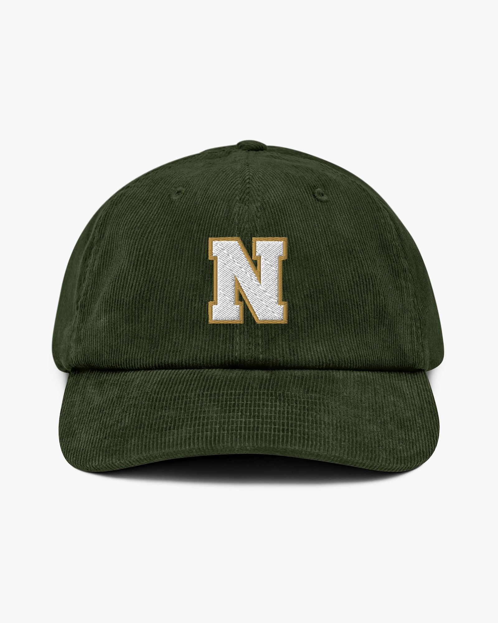 Baron and Buck varsity monogram corduroy hat in Dark Olive, front view, featuring embroidered initial and classic baseball cap silhouette