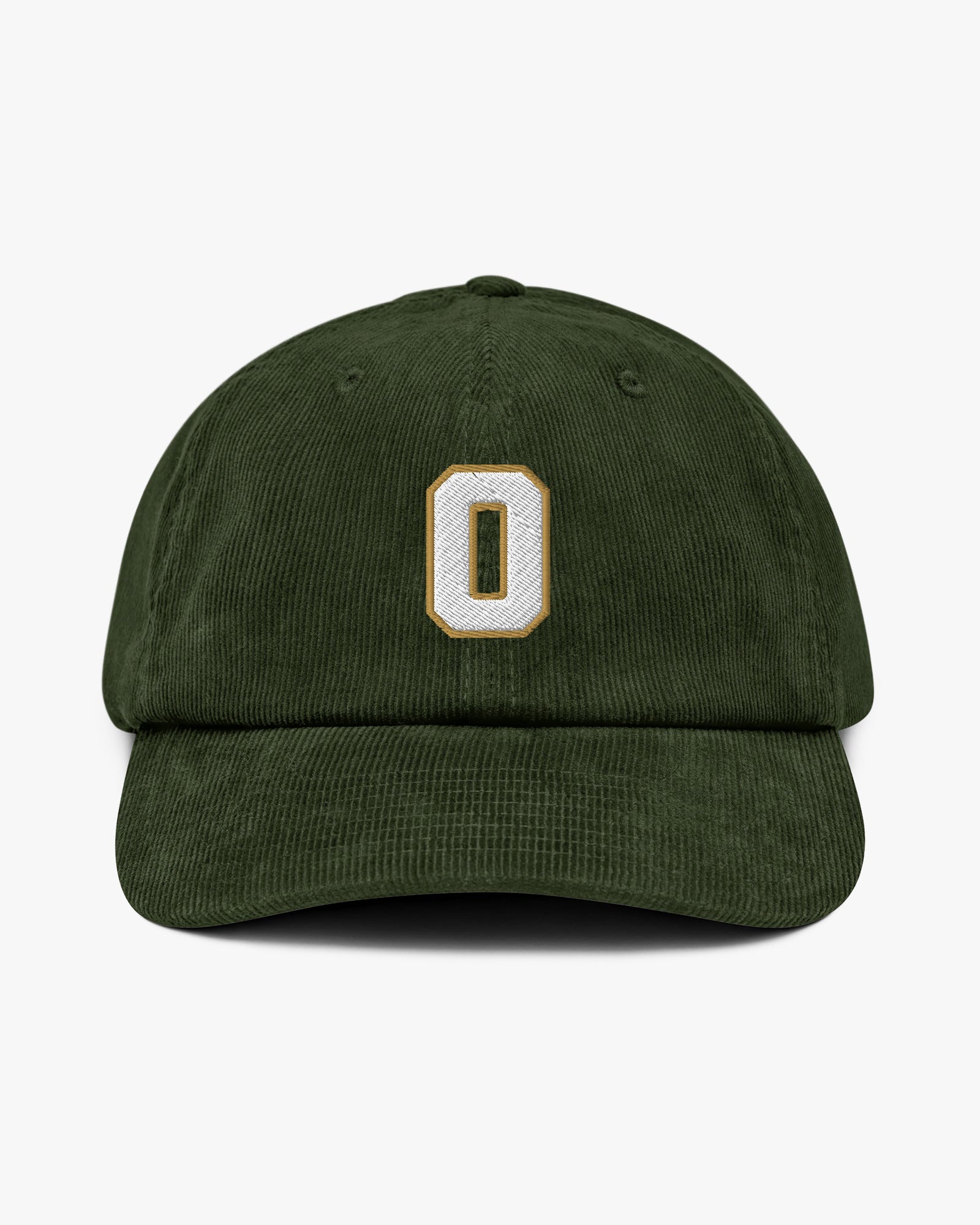 Baron and Buck varsity monogram corduroy hat in Dark Olive, front view, featuring embroidered initial and classic baseball cap silhouette