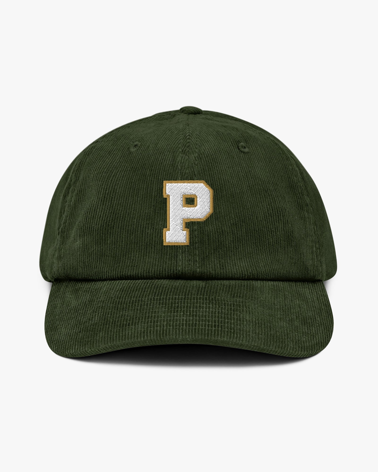Baron and Buck varsity monogram corduroy hat in Dark Olive, front view, featuring embroidered initial and classic baseball cap silhouette