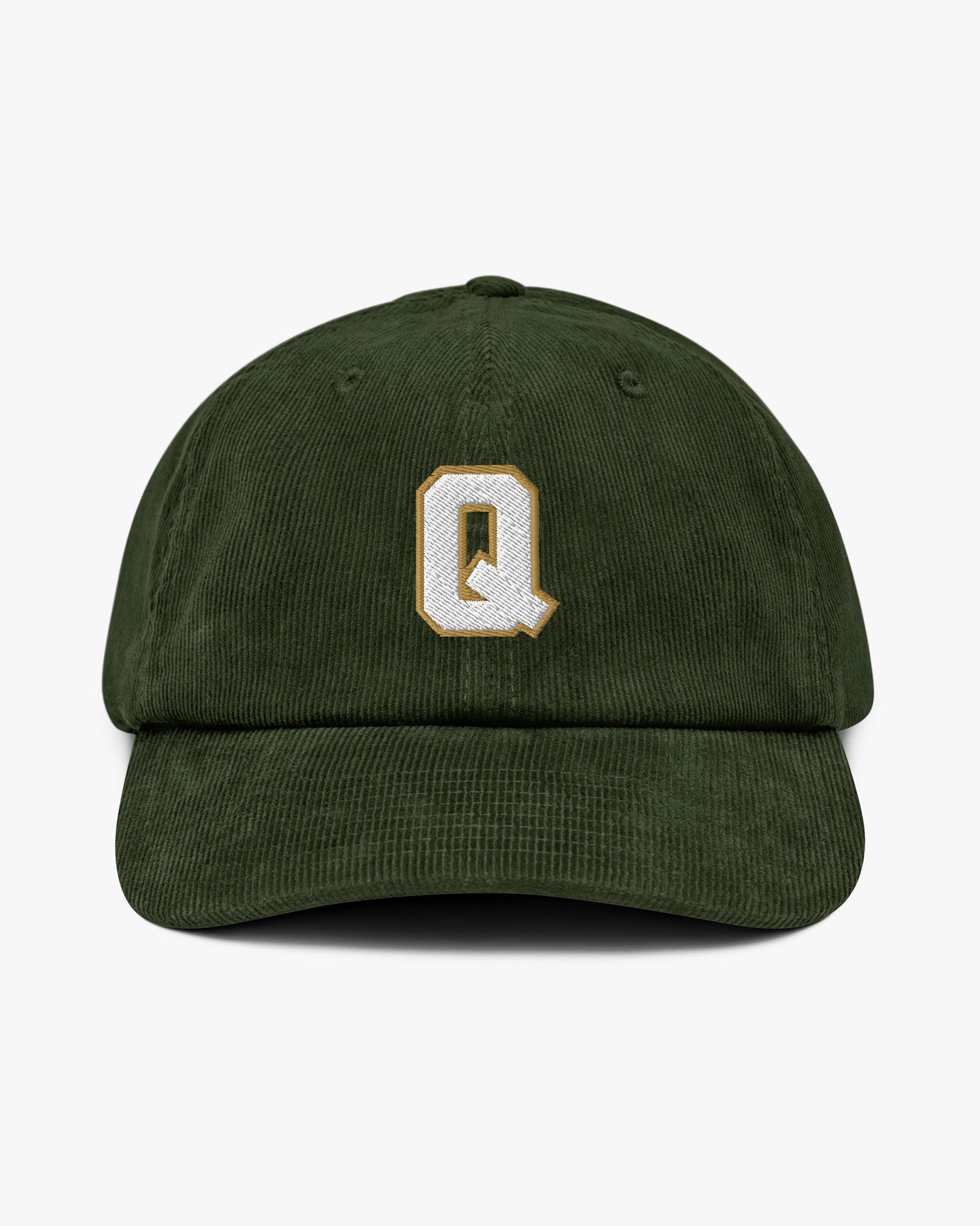 Baron and Buck varsity monogram corduroy hat in Dark Olive, front view, featuring embroidered initial and classic baseball cap silhouette