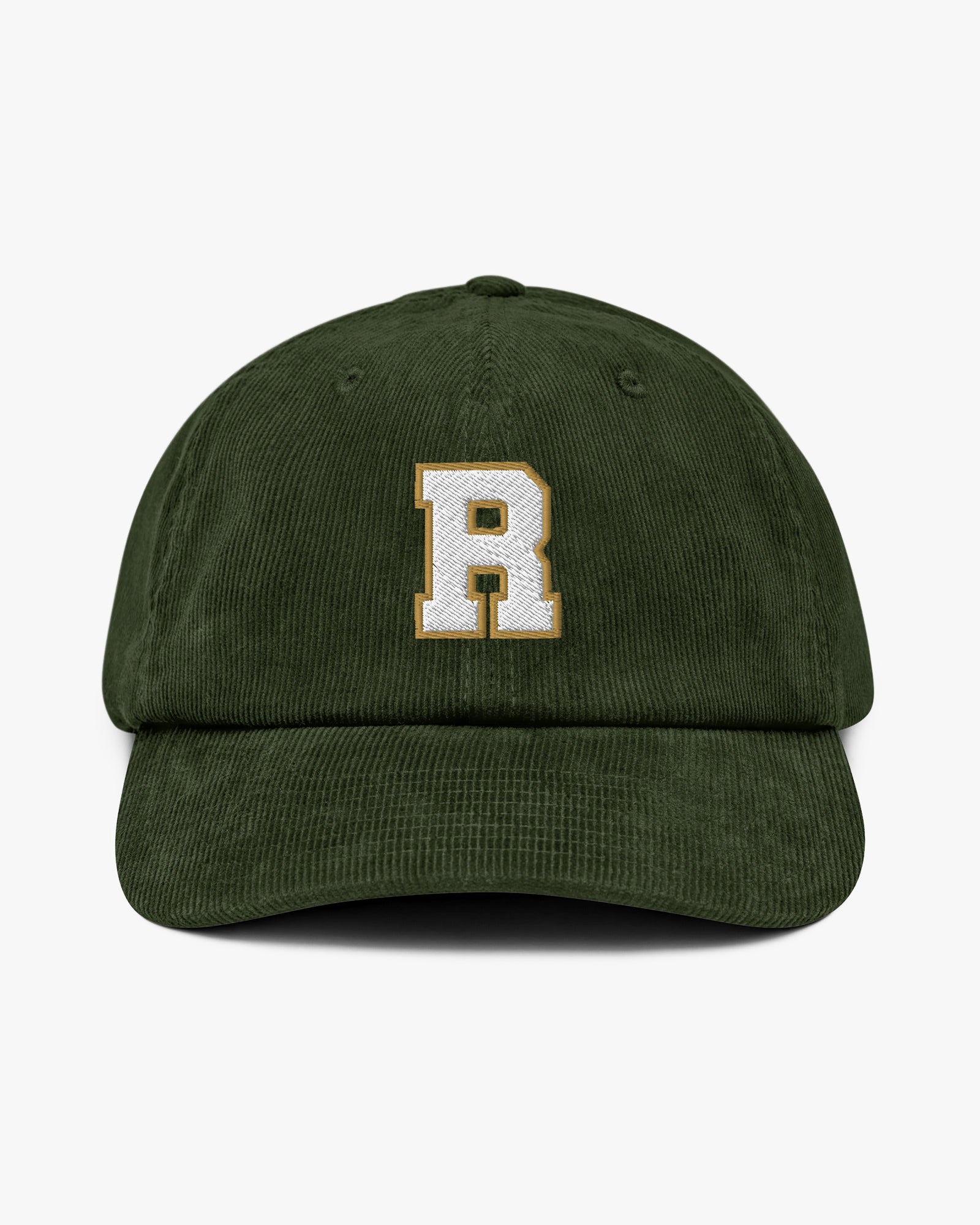 Baron and Buck varsity monogram corduroy hat in Dark Olive, front view, featuring embroidered initial and classic baseball cap silhouette