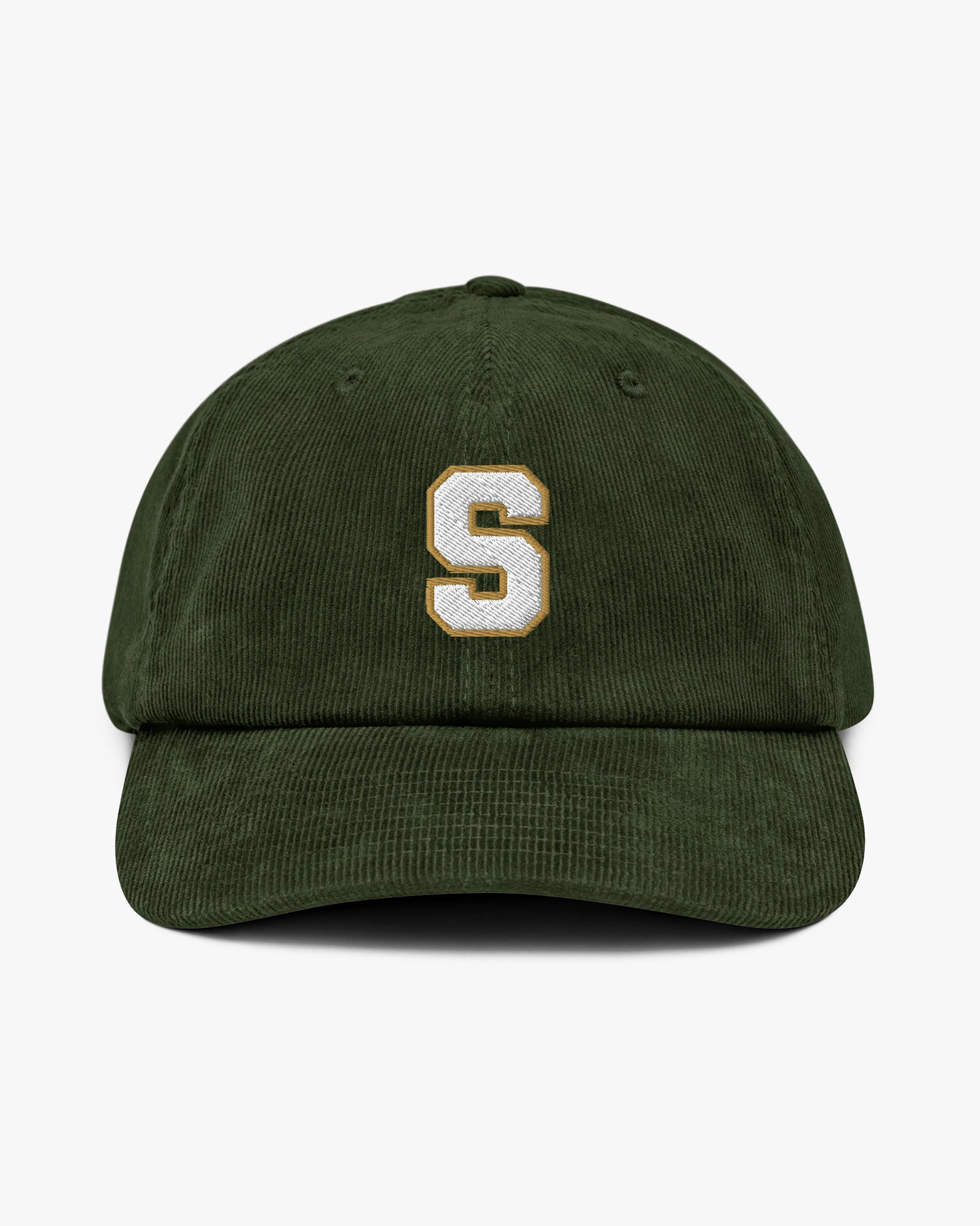 Baron and Buck varsity monogram corduroy hat in Dark Olive, front view, featuring embroidered initial and classic baseball cap silhouette