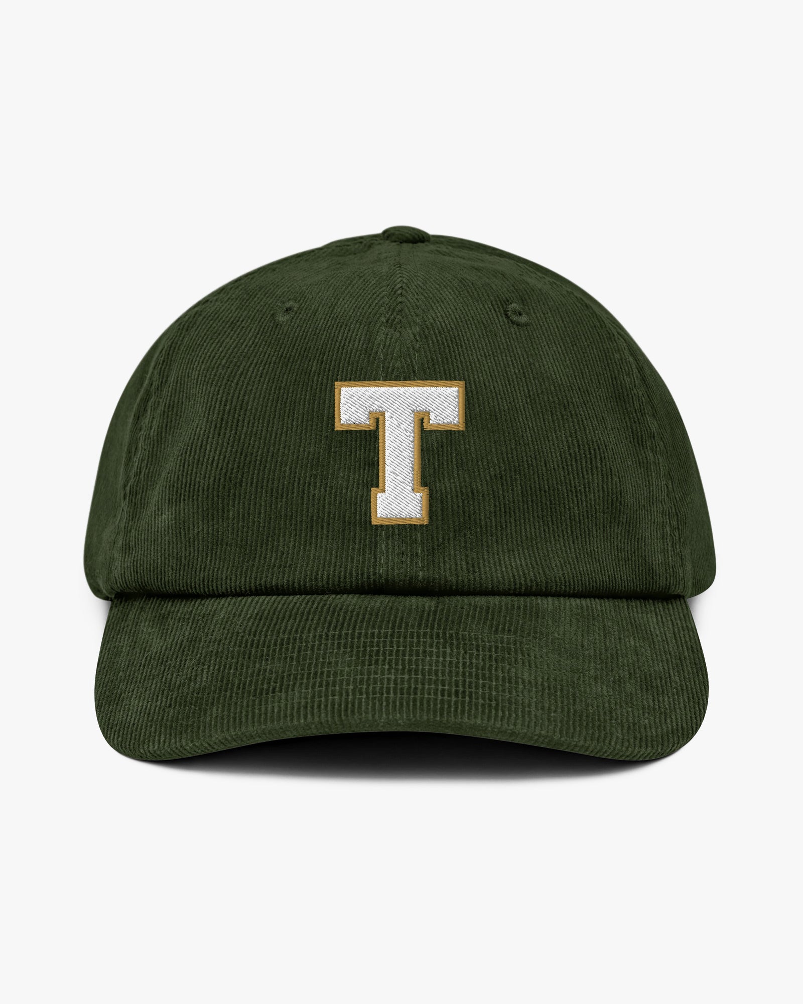 Baron and Buck varsity monogram corduroy hat in Dark Olive, front view, featuring embroidered initial and classic baseball cap silhouette