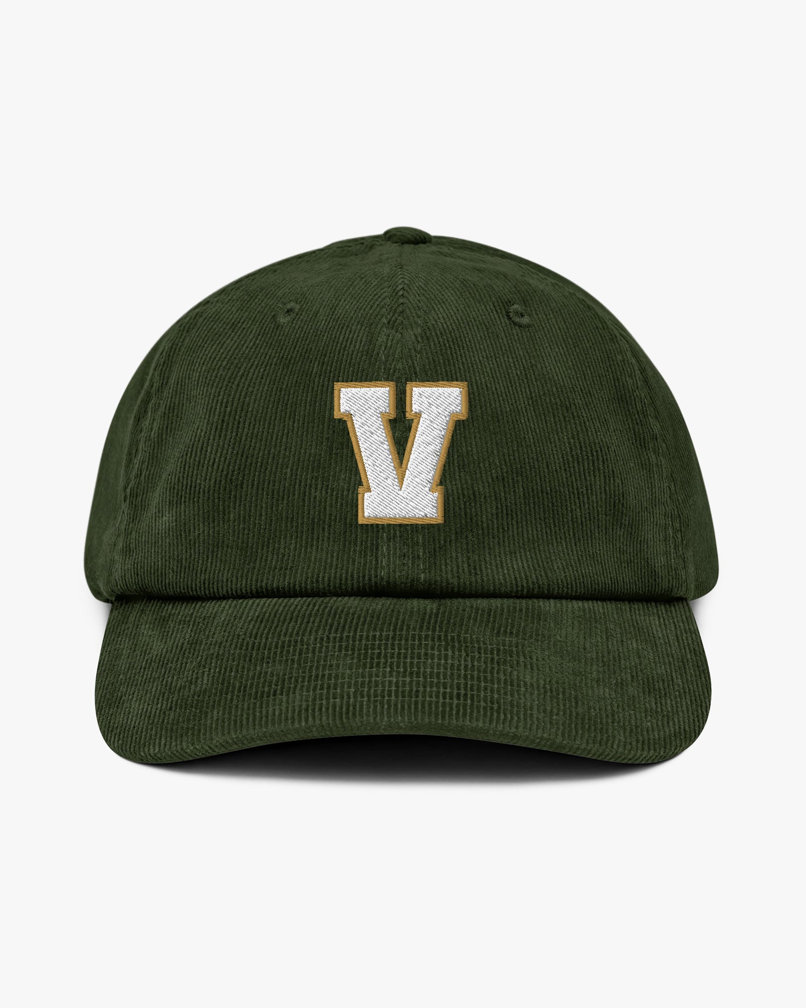 Baron and Buck varsity monogram corduroy hat in Dark Olive, front view, featuring embroidered initial and classic baseball cap silhouette