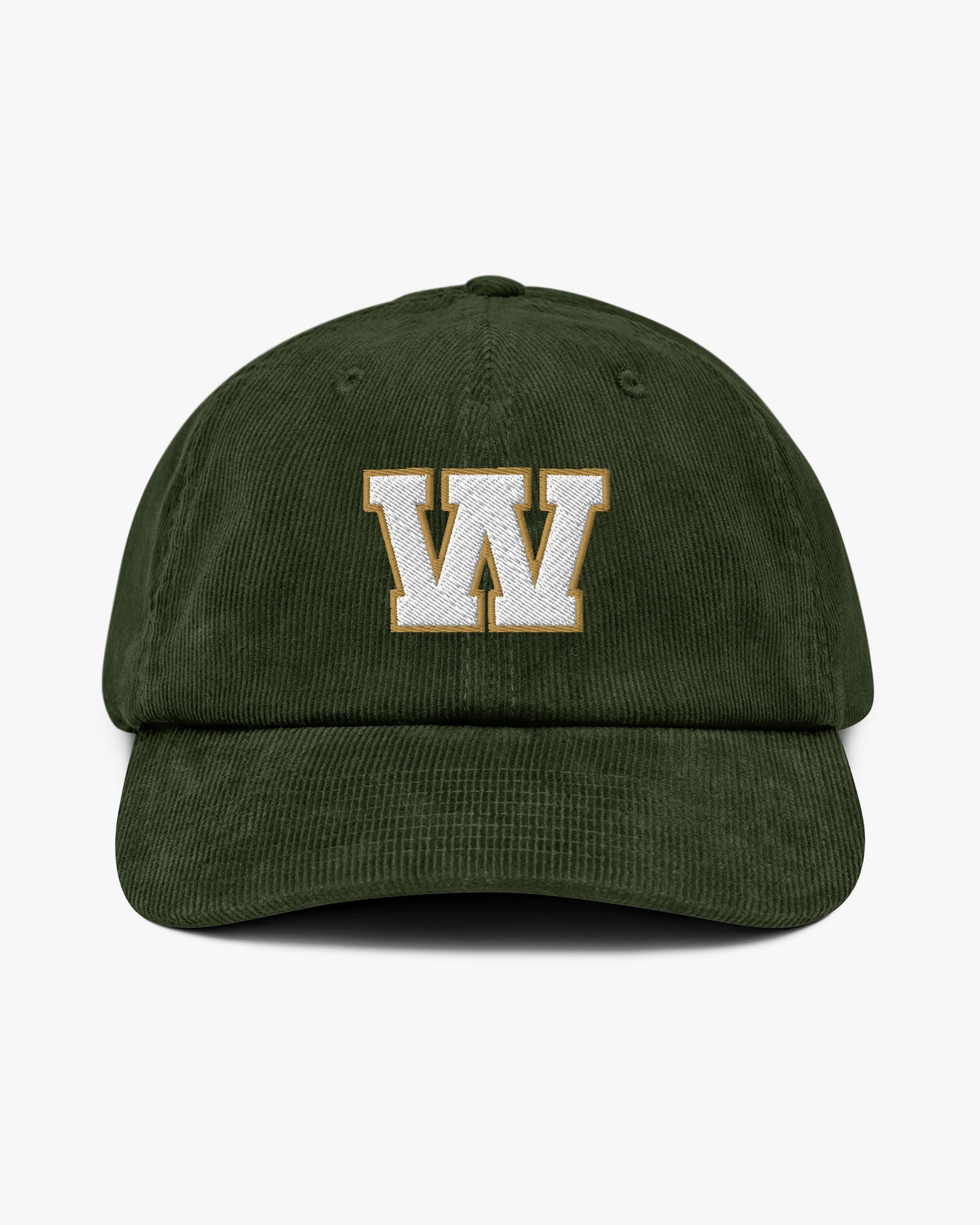 Baron and Buck varsity monogram corduroy hat in Dark Olive, front view, featuring embroidered initial and classic baseball cap silhouette