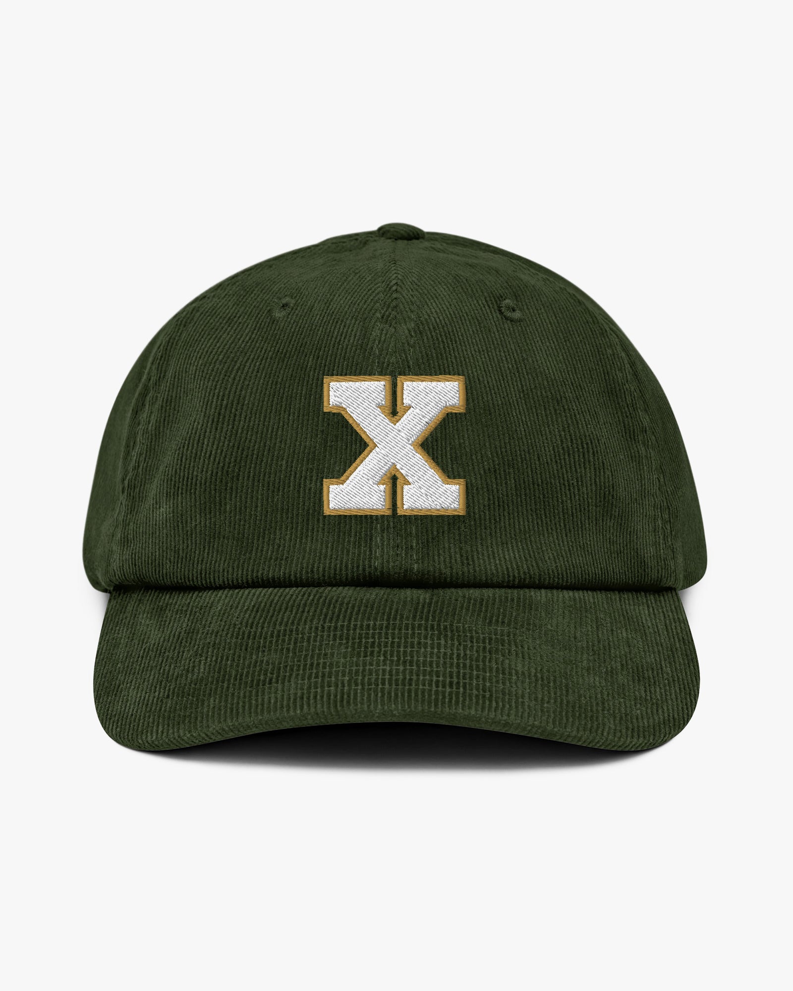 Baron and Buck varsity monogram corduroy hat in Dark Olive, front view, featuring embroidered initial and classic baseball cap silhouette