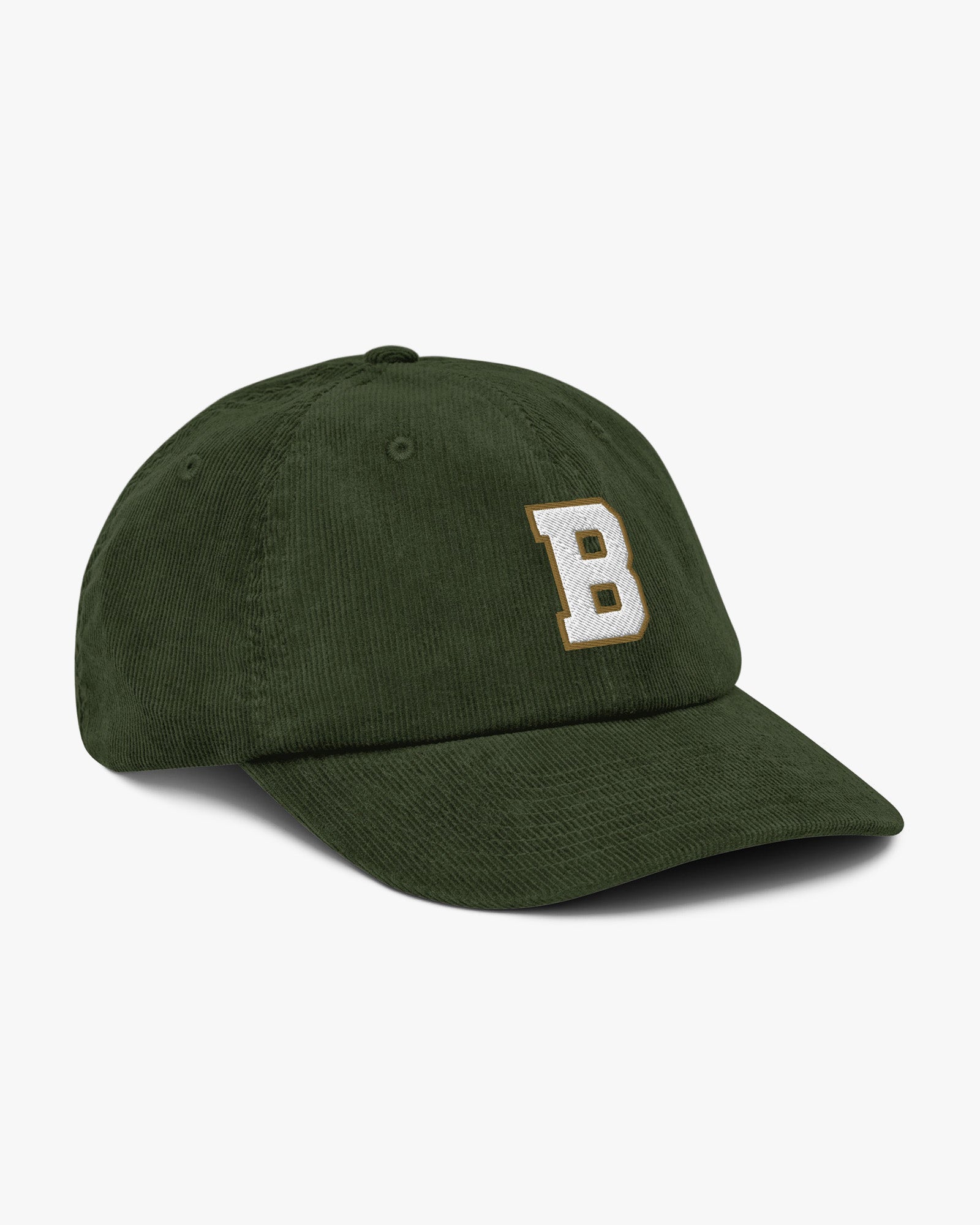 Side angle of Baron and Buck varsity monogram corduroy hat in Dark Olive, showing embroidered monogram and structured crown