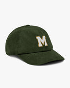Side angle of Baron and Buck varsity monogram corduroy hat in Dark Olive, showing embroidered monogram and structured crown