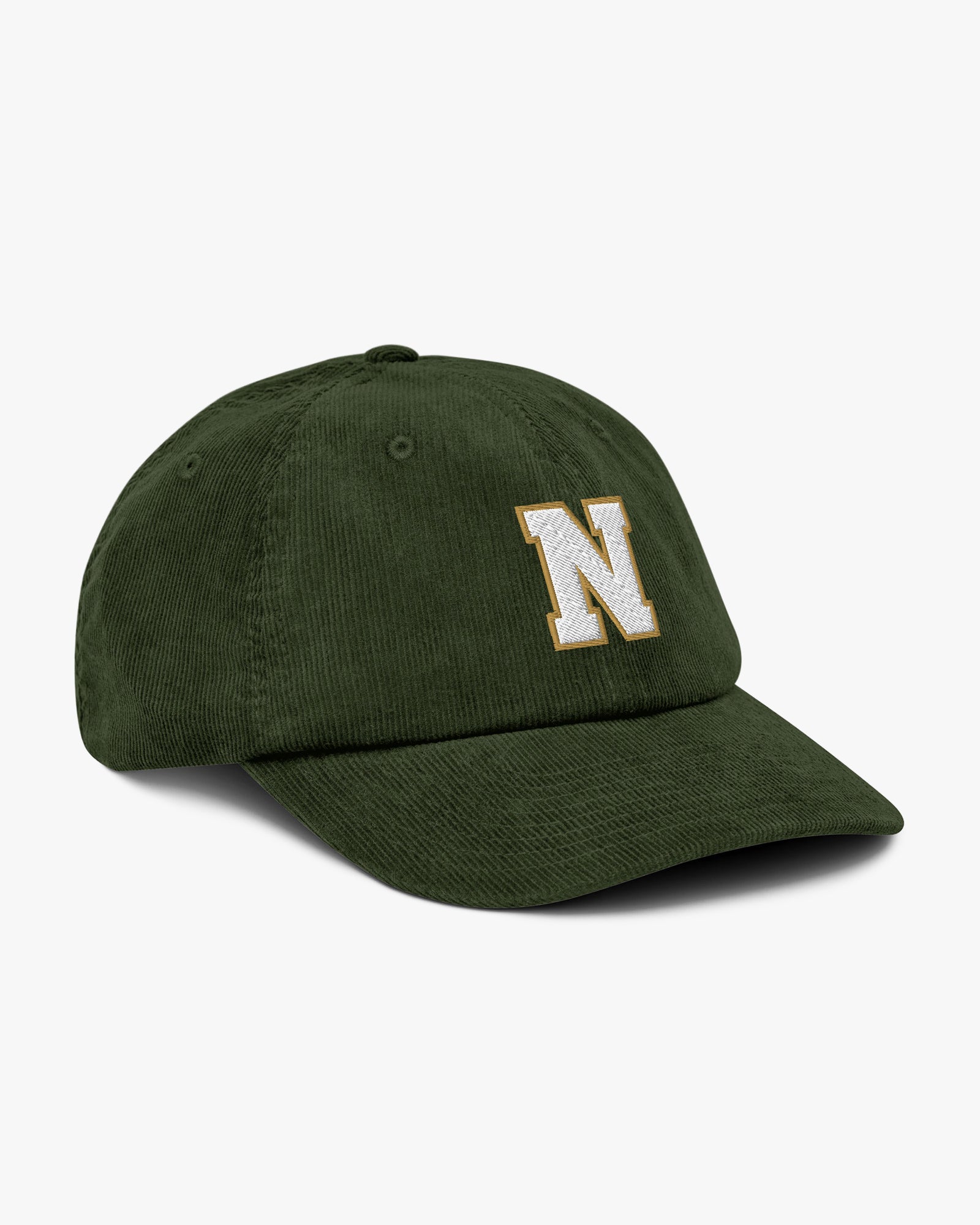 Side angle of Baron and Buck varsity monogram corduroy hat in Dark Olive, showing embroidered monogram and structured crown