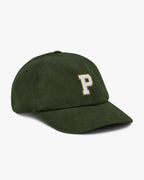 Side angle of Baron and Buck varsity monogram corduroy hat in Dark Olive, showing embroidered monogram and structured crown